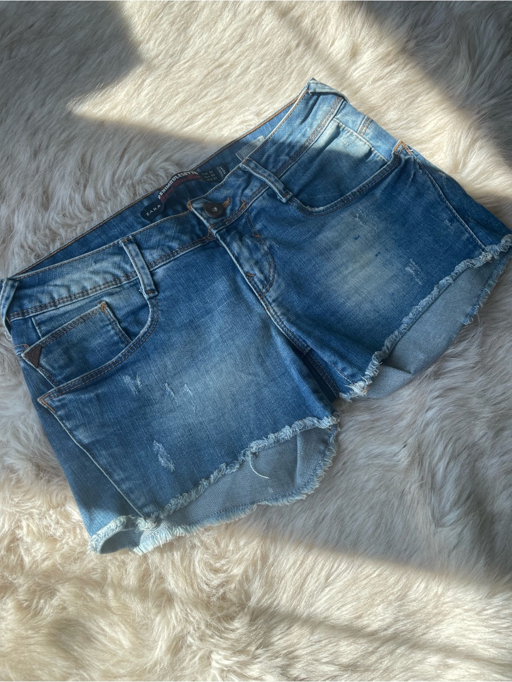 Zara Blue Distressed Low-Rise Denim Cutoff Stretch Shorts